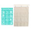 A turquoise "Twelve Days of Christmas" chart with white illustrations is next to a beige fabric wall organizer with twelve pockets and a wooden hanging rod.