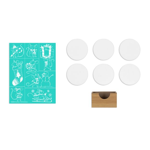 A teal sticker sheet with white holiday mouse illustrations, six blank round white coasters, and a small wooden coaster holder are arranged on a white background.