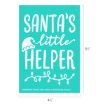 Teal rectangular sign with white text reading "Santa's little HELPER," featuring a Santa hat and a string of lights. Dimensions are 6½" tall by 4½" wide.