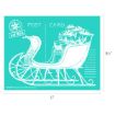A white line drawing of a sleigh filled with wrapped gifts, set against a teal background. The design includes the words "POST CARD," "AIR MAIL," and a snowflake emblem with dimensions labeled.