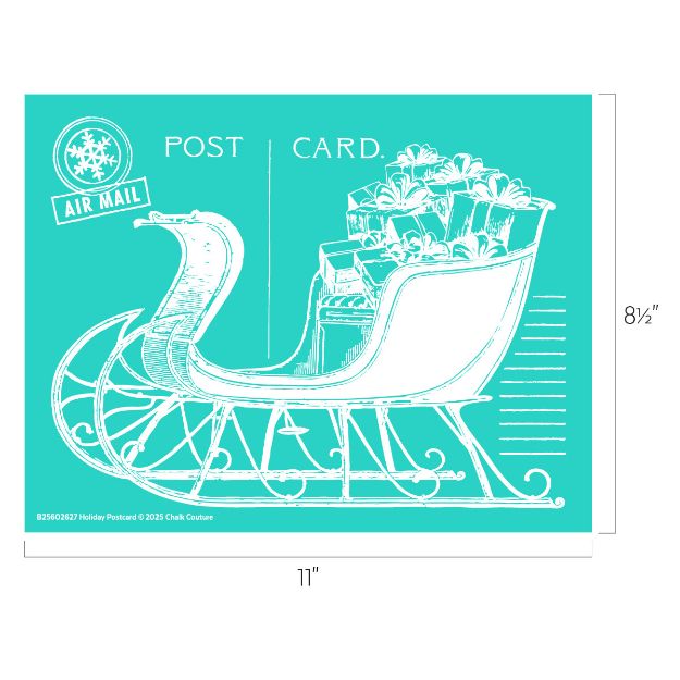 A white line drawing of a sleigh filled with wrapped gifts, set against a teal background. The design includes the words "POST CARD," "AIR MAIL," and a snowflake emblem with dimensions labeled.