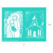 A teal stencil with white line art showing Mary, Joseph, and baby Jesus on the left, and a church building with a steeple on the right; overall stencil size is 11 inches by 8.5 inches.