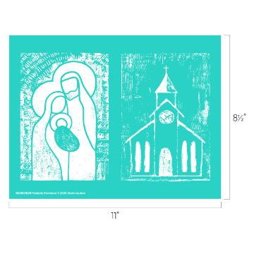 Show details for Debbie - Painterly Reverence A teal stencil with white line art showing Mary, Joseph, and baby Jesus on the left, and a church building with a steeple on the right; overall stencil size is 11 inches by 8.5 inches.