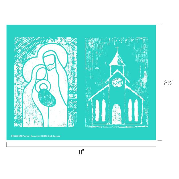 A teal stencil with white line art showing Mary, Joseph, and baby Jesus on the left, and a church building with a steeple on the right; overall stencil size is 11 inches by 8.5 inches.