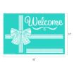 Teal rectangle measuring 18 by 12 inches with white lines forming a present and bow, and the word "Welcome" in large script at the top right.