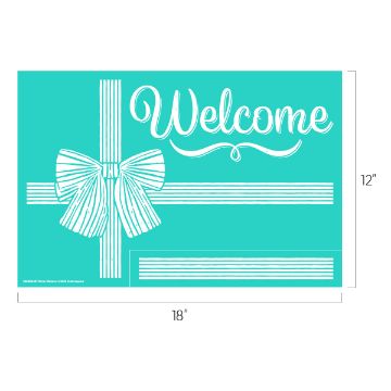 Show details for Debbie - Winter Welcome Teal rectangle measuring 18 by 12 inches with white lines forming a present and bow, and the word "Welcome" in large script at the top right.