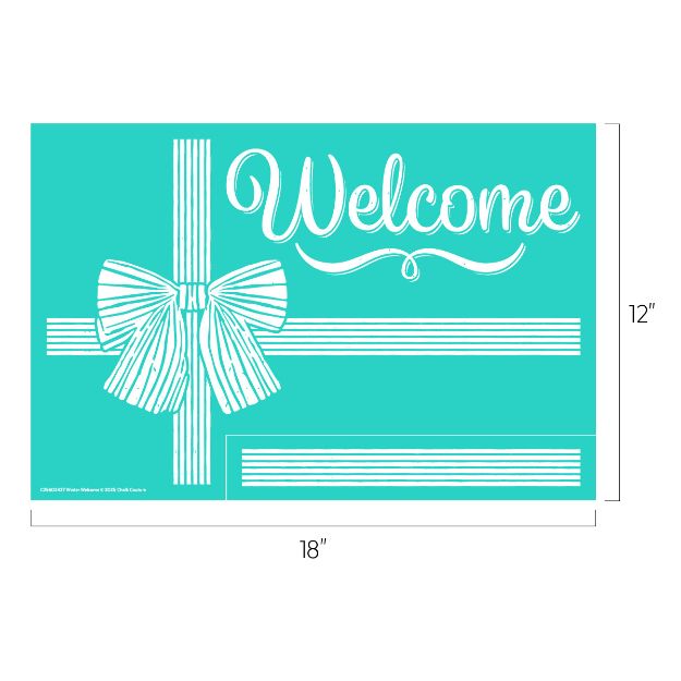 Teal rectangle measuring 18 by 12 inches with white lines forming a present and bow, and the word "Welcome" in large script at the top right.