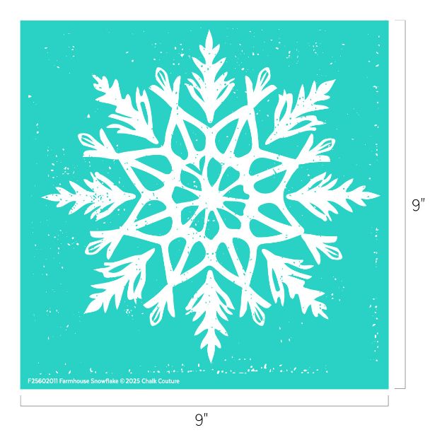 A white, detailed snowflake design is centered on a turquoise square background. The image measures 9 inches by 9 inches. The snowflake features intricate, symmetrical patterns and has a rustic, hand-drawn style.