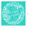 A white outline of a dove with "Peace on Earth" written inside, surrounded by holly, berries, and pine leaves, on a teal square background. The design measures 9 inches by 9 inches.