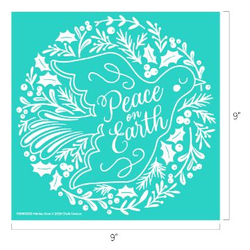Show details for Debbie - Holiday Dove A white outline of a dove with "Peace on Earth" written inside, surrounded by holly, berries, and pine leaves, on a teal square background. The design measures 9 inches by 9 inches.