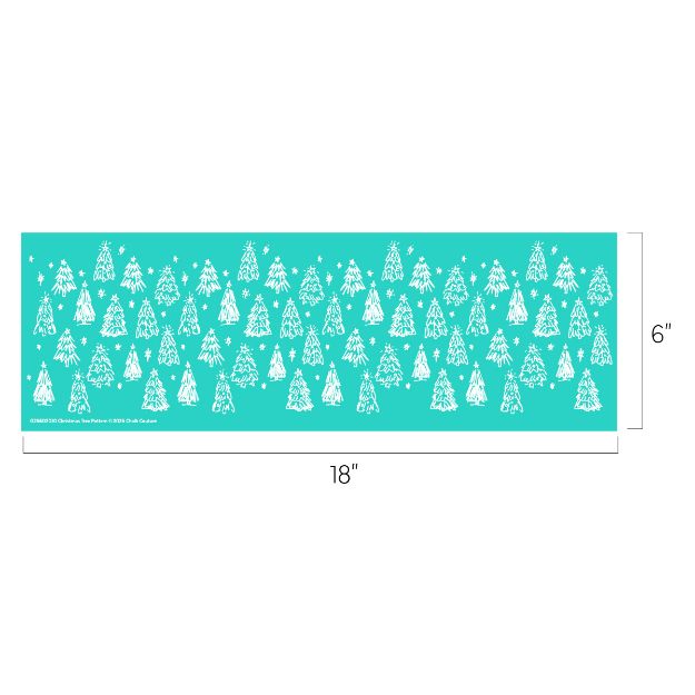 A rectangular stencil, 18 inches wide by 6 inches tall, featuring a pattern of white Christmas trees and stars on a teal background.