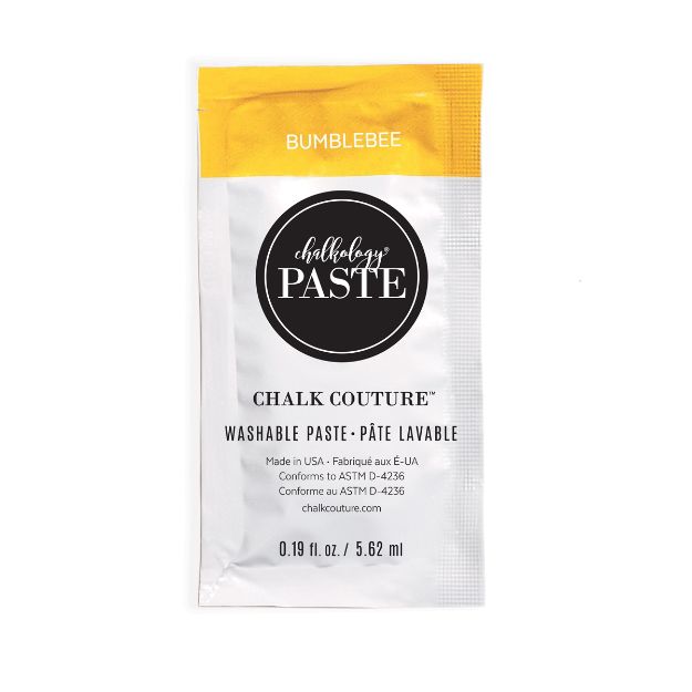 A single-use packet of Chalk Couture washable paste in the color "Bumblebee," featuring a white and yellow design with black circular logo and product details printed on the front.