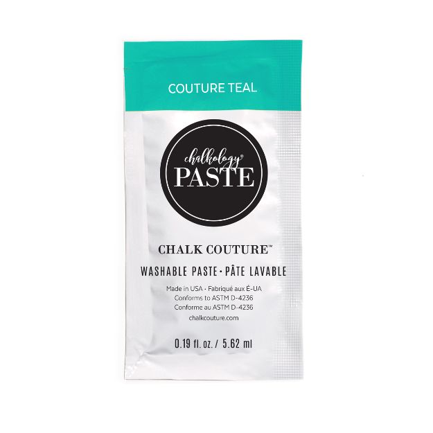 A single-use packet of Chalk Couture washable paste in the color Couture Teal, featuring a teal top section and product information on a white background. The packet contains 0.19 fl oz (5.62 ml) of paste.
