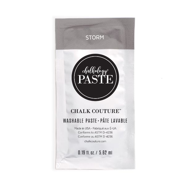 A single-use packet of Chalk Couture washable paste in the color "Storm." The silver and white packet displays the brand name, product details, and volume of 0.19 fl oz (5.62 ml).