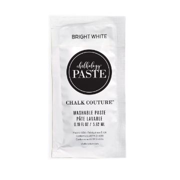 Show details for Bright White Paste Single A small white packet labeled “Chalkology Paste” from Chalk Couture in bright white. The packet contains 0.19 fl oz (5.62 ml) of washable paste and displays product details in English and French.