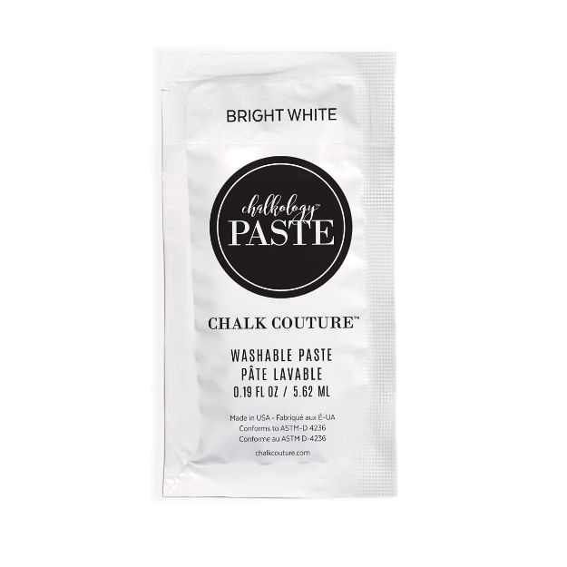 A small white packet labeled “Chalkology Paste” from Chalk Couture in bright white. The packet contains 0.19 fl oz (5.62 ml) of washable paste and displays product details in English and French.