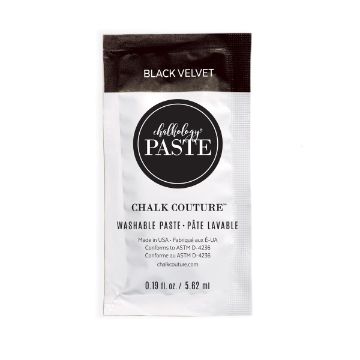 Show details for Black Velvet Paste Single A single-use packet of Chalk Couture washable paste in the Black Velvet color, featuring product details and branding on a white and black sachet.