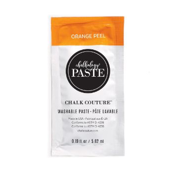 Show details for Orange Peel Paste Single A single-use packet of Chalk Couture washable paste in the color "Orange Peel." The packet has an orange top section, a black circular logo, and product details in black text on a white background.