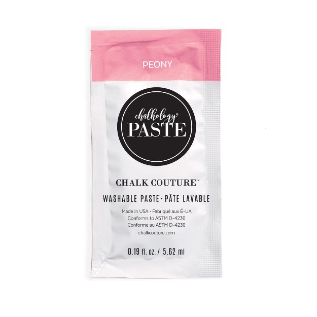 A small packet of Chalk Couture washable paste in the color "Peony." The top of the packet is pink, and the lower part is white with black text detailing the brand, product, and size (0.19 fl oz / 5.62 ml).