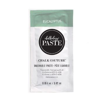 Show details for Eucalyptus Paste Single A small sachet of Chalk Couture washable paste in eucalyptus scent. The packaging is white and green, with product details and branding printed on the front. The packet contains 0.19 fl oz (5.62 ml).