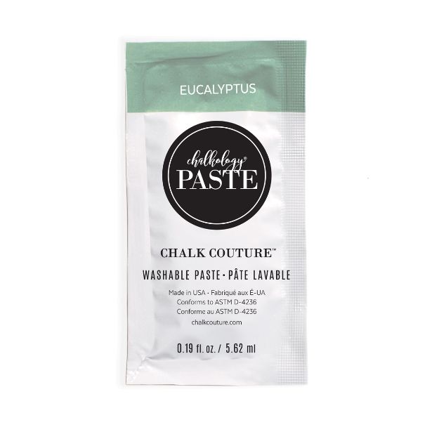 A small sachet of Chalk Couture washable paste in eucalyptus scent. The packaging is white and green, with product details and branding printed on the front. The packet contains 0.19 fl oz (5.62 ml).