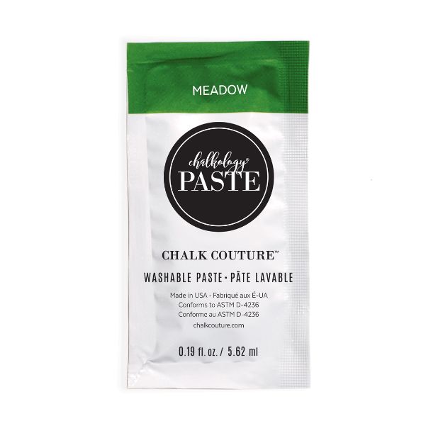 A small packet of Chalk Couture washable paste in the color "Meadow." The packet is white with a green top and features product information and branding in black text. The packet contains 0.19 fl oz (5.62 ml).