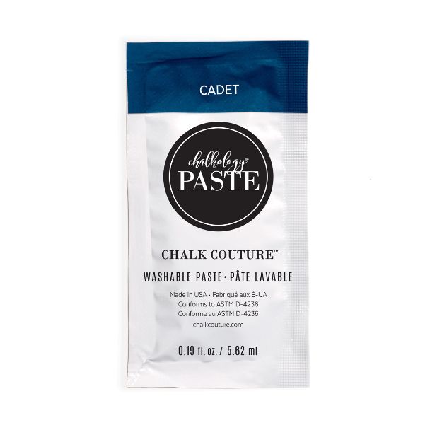 A packet of Chalk Couture washable paste in the color "Cadet." The packet is blue and white and contains 0.19 fl oz (5.62 ml) of product.
