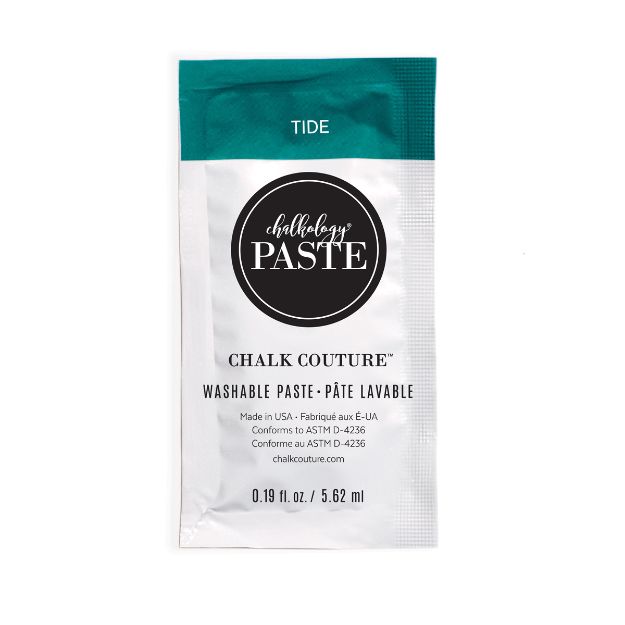 A single-use packet of Chalk Couture Chalkology Paste in the color "Tide." The packet features teal and white colors, branding, product details, and contains 0.19 fl oz (5.62 ml) of washable paste.