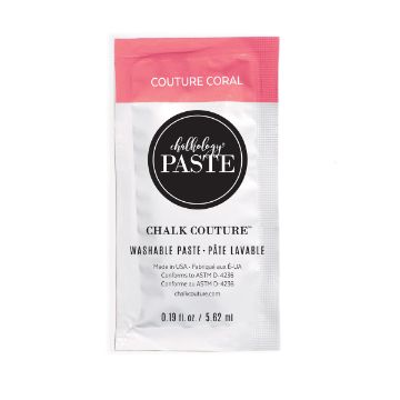 Show details for Couture Coral Paste Single A small, rectangular packet labeled "Chalk Couture Washable Paste" in the color Couture Coral. The packet contains 0.19 fl oz (5.62 ml) and features white, black, and coral pink colors.