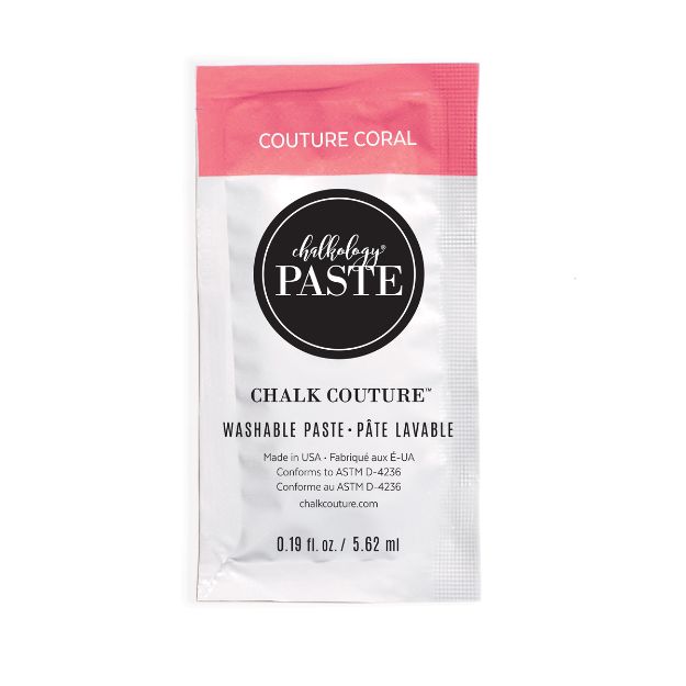 A small, rectangular packet labeled "Chalk Couture Washable Paste" in the color Couture Coral. The packet contains 0.19 fl oz (5.62 ml) and features white, black, and coral pink colors.