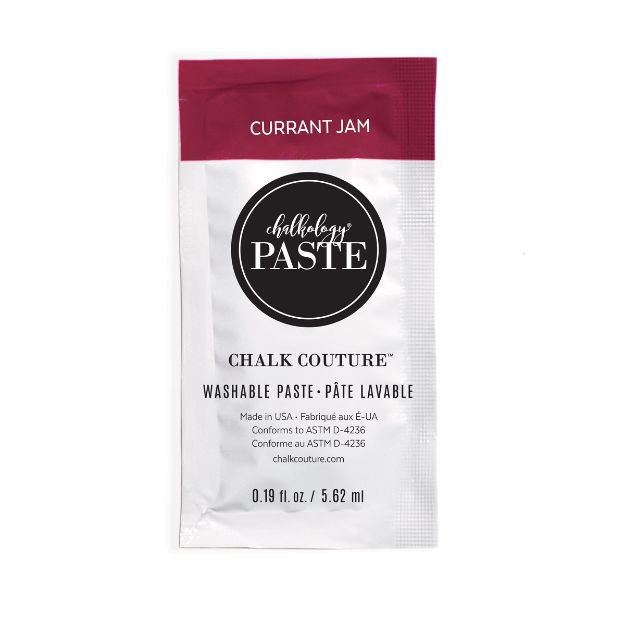 A single-use packet of Chalk Couture washable paste in the color "Currant Jam." The packet is white with a maroon top section and black text indicating product details and branding.