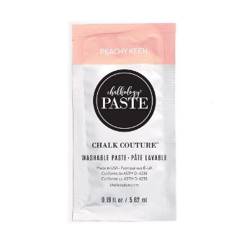 Show details for Peachy Keen Paste Single A small packet of Chalk Couture washable paste labeled "Peachy Keen." The packet is mostly white with a peach-colored top and black circular logo. The packet contains 0.19 fl oz (5.62 mL) of paste.