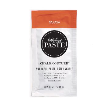 Show details for Papaya Paste Single A small packet of Chalk Couture washable paste in the color "Papaya." The packet is mostly white with an orange top, black logo, and product information printed on the front. The packet contains 0.19 fl oz (5.62 mL).