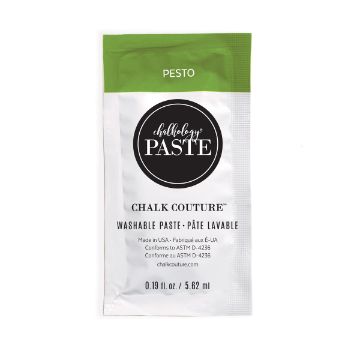 Show details for Pesto Paste Single A sachet of Chalk Couture washable paste labeled "PESTO" with a green top, containing 0.19 fl oz (5.62 ml). The packaging is mostly white with black text and a central logo.