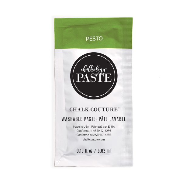 A sachet of Chalk Couture washable paste labeled "PESTO" with a green top, containing 0.19 fl oz (5.62 ml). The packaging is mostly white with black text and a central logo.