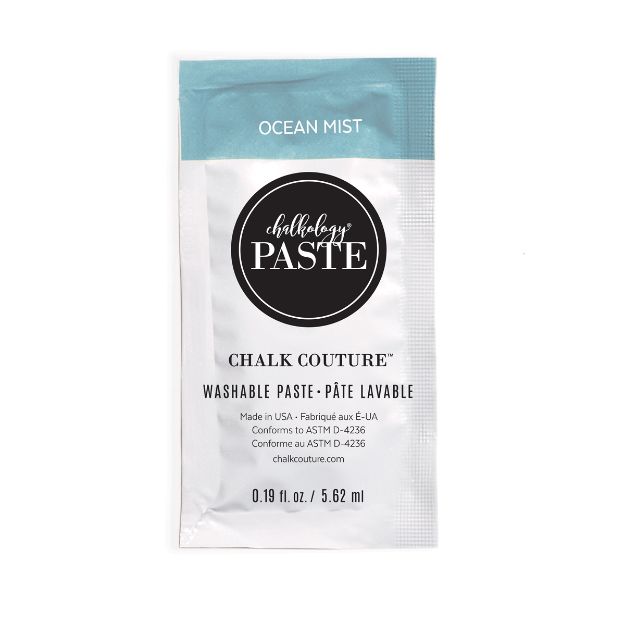 A small packet labeled "Chalk Couture Washable Paste - Ocean Mist" with a teal and white design, containing 0.19 fl. oz. (5.62 mL) of paste. The packet features a round Chalkology Paste logo.