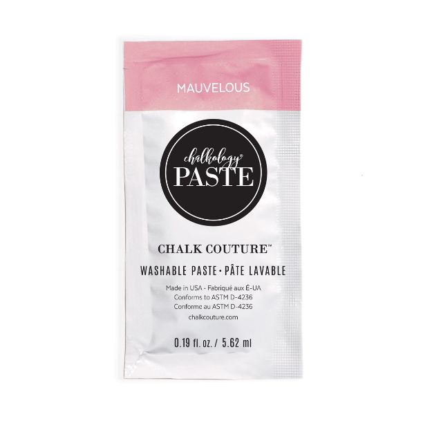 A single-use packet of Chalk Couture Washable Paste in the color "Mauvelous," featuring a pink and white design with product details and a capacity of 0.19 fl oz (5.62 ml).