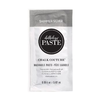 Show details for Shimmer Silver Paste Single A silver sachet labeled "Chalk Couture Chalkology Paste, Shimmer Silver." The packet contains 0.19 fl oz (5.62 ml) of washable paste and displays manufacturing and conformity information.