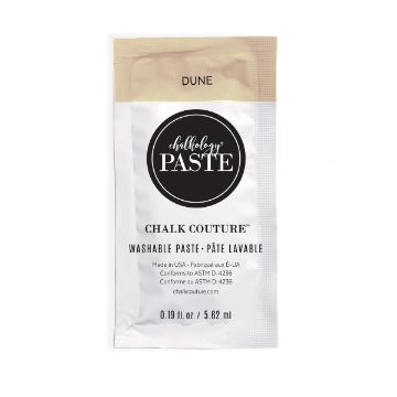 Show details for Dune Paste Single A single-use packet of Chalk Couture washable paste in the color “Dune.” The packet is white with a beige top, black and white circular logo, and product details printed in English and French.