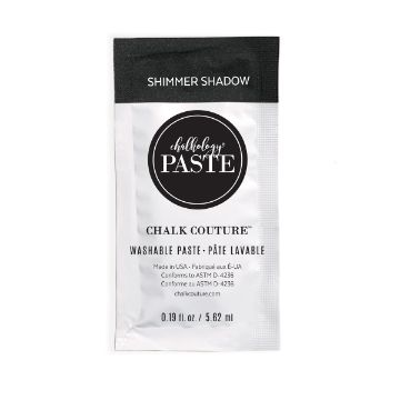 Show details for Shimmer Shadow Paste Single A small packet of Chalk Couture Shimmer Shadow washable paste, 0.19 fl oz (5.62 mL), with a black and white design and text listing product and manufacturer details.
