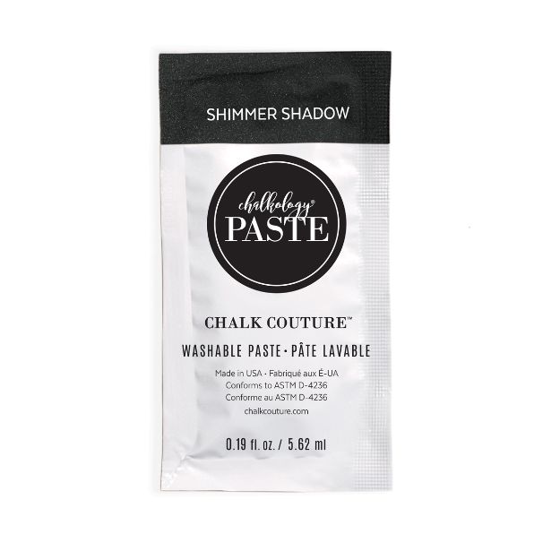 A small packet of Chalk Couture Shimmer Shadow washable paste, 0.19 fl oz (5.62 mL), with a black and white design and text listing product and manufacturer details.