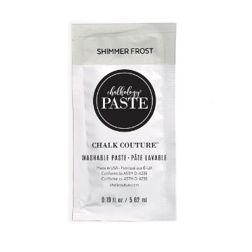 Show details for Shimmer Frost Paste Single A packet of Chalk Couture Washable Paste in the color "Shimmer Frost," labeled as 0.19 fl oz (5.62 ml), with a black and white design and product details printed on the front.