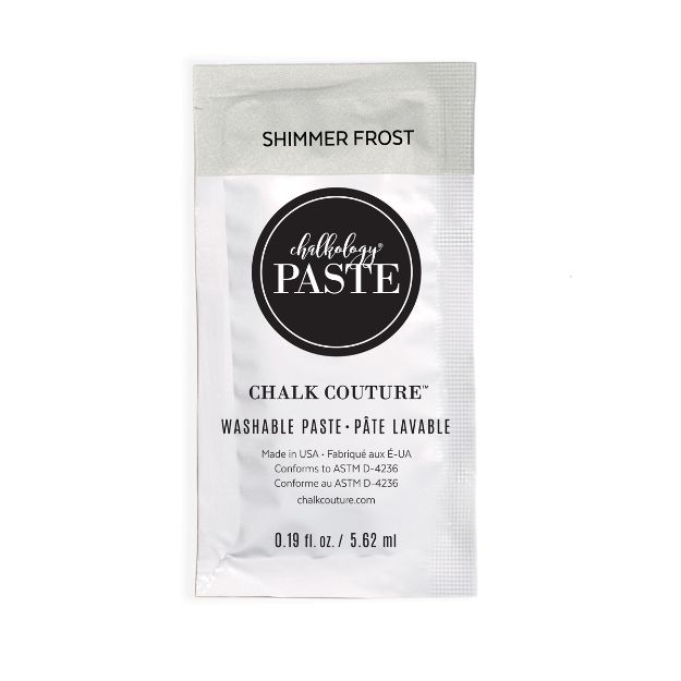 A packet of Chalk Couture Washable Paste in the color "Shimmer Frost," labeled as 0.19 fl oz (5.62 ml), with a black and white design and product details printed on the front.