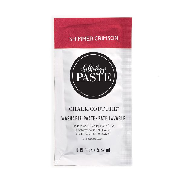 A single-use packet of Chalk Couture washable paste in the color "Shimmer Crimson," with a red top section and product information printed on a white background. The packet contains 0.19 fl oz (5.62 ml).