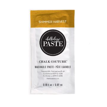 Show details for Shimmer Harvest Paste Single A small, 0.19 fl oz sachet of Chalk Couture washable paste labeled “Shimmer Harvest.” The packet is white with a gold top and includes product details in black text.