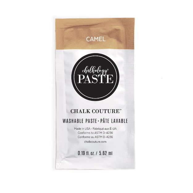 A single-use packet of Chalk Couture washable paste in the color Camel. The packet is mostly white with a bronze section at the top, featuring the product name and details in black text.