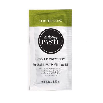 Show details for Shimmer Olive Paste Single A single-use packet of Chalk Couture Washable Paste in "Shimmer Olive." The packet is white with a green top and black circular logo. Text includes usage details, volume (0.19 fl oz/5.62 ml), and website information.