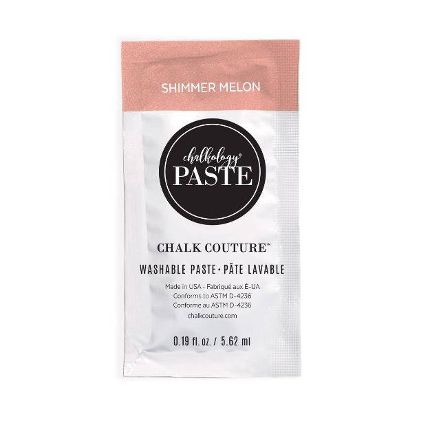 A packet of Chalk Couture washable paste in the color "Shimmer Melon." The 0.19 fl oz (5.62 ml) sachet is white with a pink section at the top and product details printed in black and gray text.