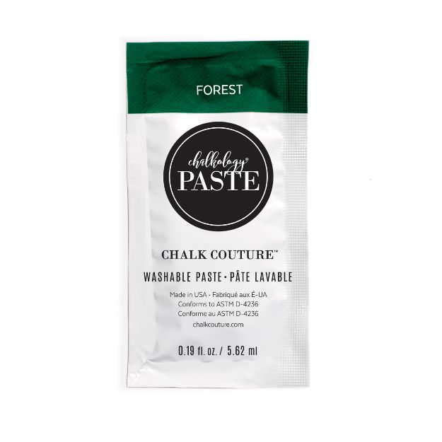 A small packet of Chalk Couture washable paste in the color Forest, featuring a green top and white label with product details and branding in black text. The packet contains 0.19 fl oz (5.62 ml).