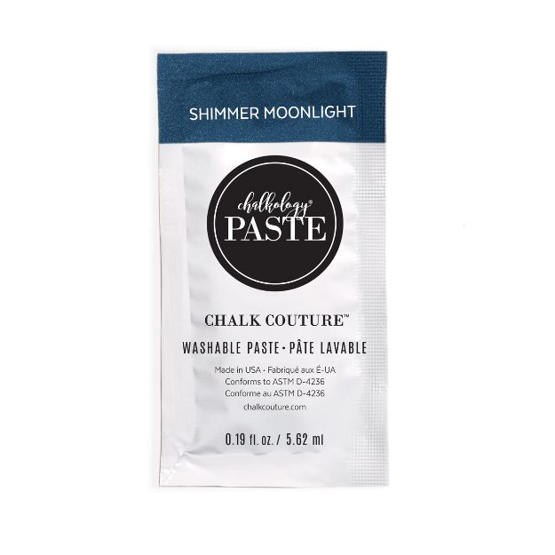 A small, white 0.19 fl oz (5.62 ml) packet of Chalk Couture Washable Paste in the "Shimmer Moonlight" shade, with blue and black labeling and product information printed on the front.